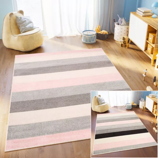 Teppich Modern Kurzflor Design Streifen Grau Rosa Wohnzimmer Kinderzimmer