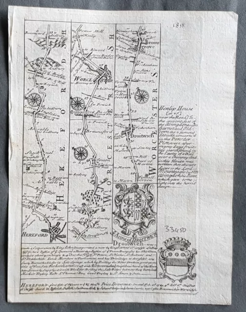 1720 Emmanuel Bowen Antique British Road Map, Hereford to Worcester to Leicester