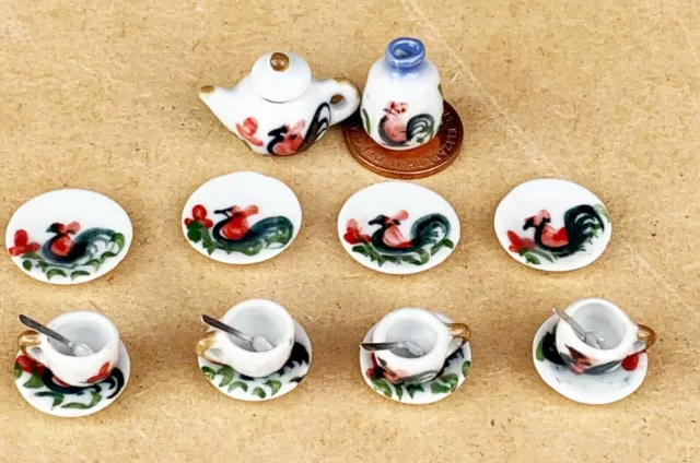 19 Piece Ceramic Tea Set With Cockerel Motif Tumdee 1:12 Scale Dolls House TS11