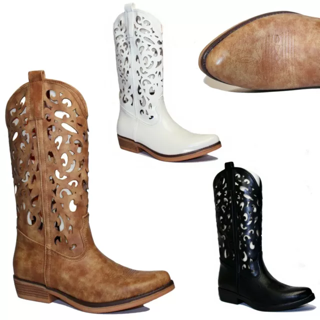 SCARPE DONNA STIVALI Camperos Texani Traforati Stivaletti Basso