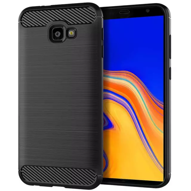 Funda Carcasa Silicona Gel TPU Negro Fibra Carbono Para Samsung Galaxy J4 Plus +