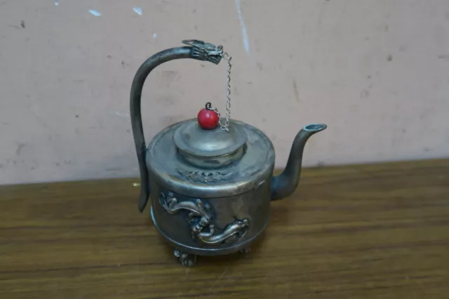 Vintage Signed Chinese Asian Oriental Tibet silver Handwork Dragon Mini Teapot