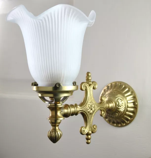 WALKERVILLE-WALL BRACKET-OLD BRASS-FROST GLASS SHADE-SOLID CAST-VICTORIAN-fancy