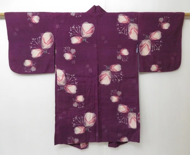 2228T09z510 Vintage Japanese Kimono Silk HAORI Flower Dark purple