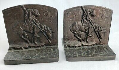 Vintage Native American Indian Warrior w/ Spear on Horse Old Metal Bookends Pair 2