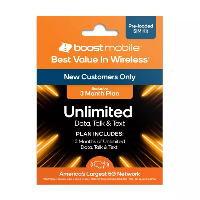 Boost Mobile 3 Month Plan Unlimited Data, Talk & Text SIM Card Kit