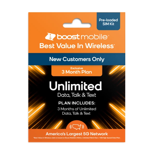 Boost Mobile 3 Month Plan Unlimited Data, Talk & Text SIM Card Kit Boost Mobile 3 Month Plan Unlimited Data, Talk & Text SIM Card Kit