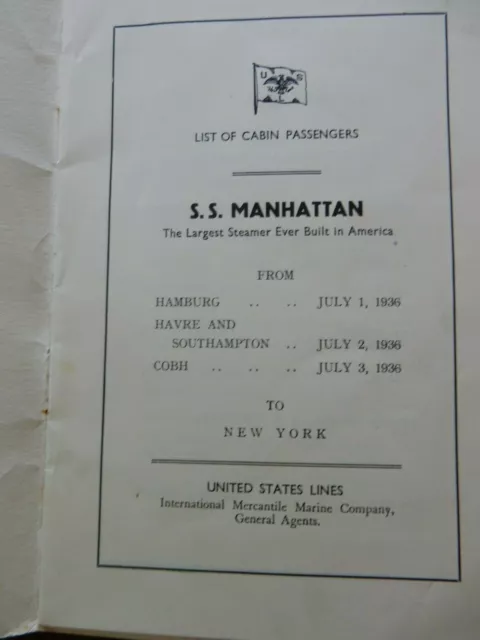 United States Lines  Ss Manhattan   July 1936  Passenger List  Cabin