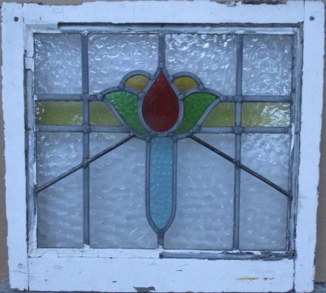 OLD ENGLISH LEADED STAINED GLASS WINDOW Cute Floral 20.5" x 19"