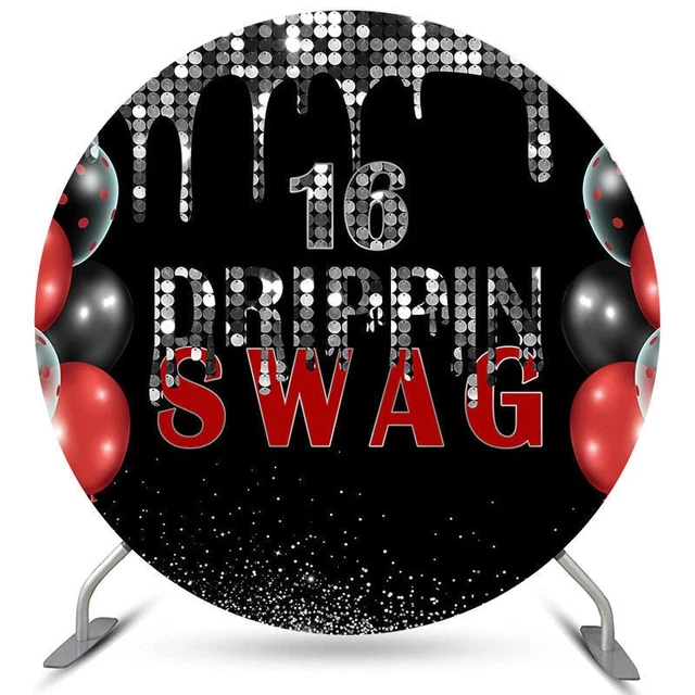 Silver And Black Swag 16th Round Happy Birthday Backdrop