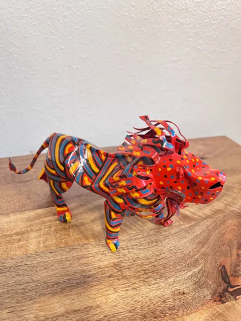 Recycled Metal African Lion Sculpture Handmade Painted Red Stripes Polka Dots