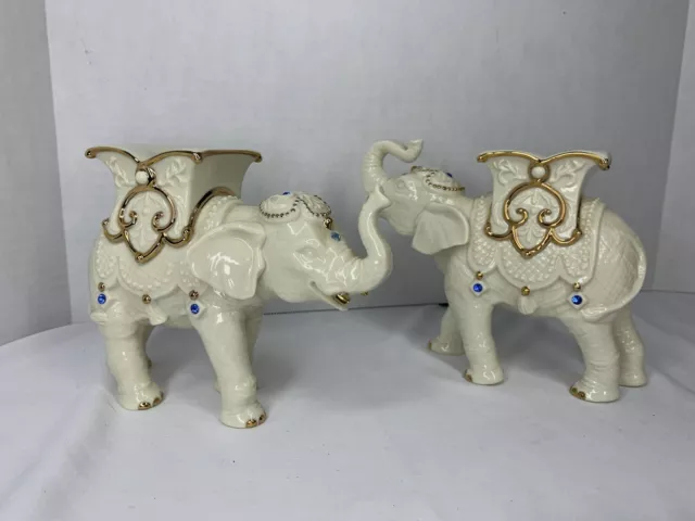 LENOX HandCrafted Porcelain Elephant Figurines SET OF 2 - 24K Gold Trim DAMAGED
