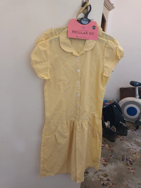 M&S Girls School Uniform Yellow Check Summer Dress x 2 - Age 12 - 13 years - NWT