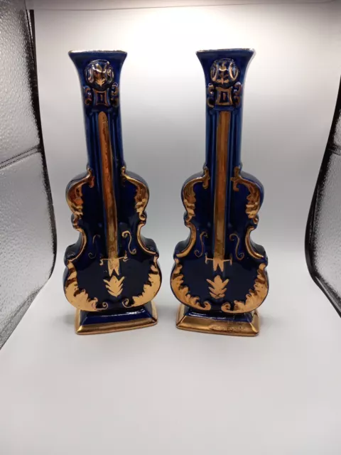 Vintage Goldra E.palestine Violin/cello Wall Pocket Vases Cobalt Blue & Gold