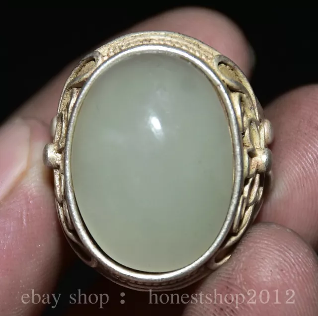 3.3 cm Seltene Chinese Silber Inlay Jade Dynastie Blume Muster Frau Schmuck Ring