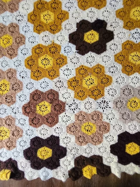 Crochet Afghan LARGE Floral Mustard Yellow Brown Taupe Cream Earth Tones 77x69 3