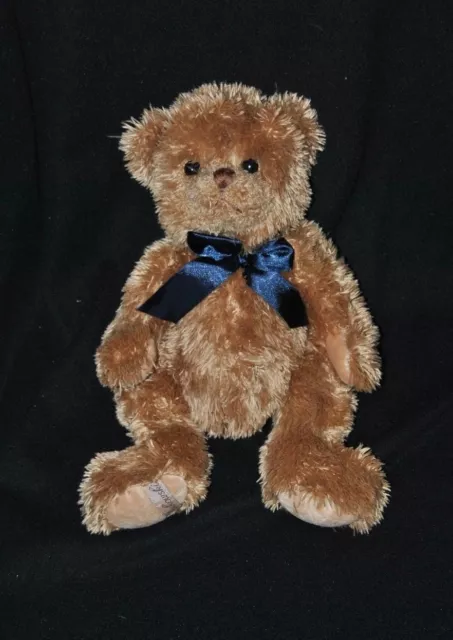 Peluche doudou ours brun beige BUKOWSKI long poil ruban satin bleu 32 cm NEUF