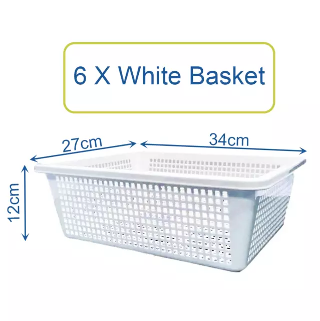 6x White Multi-purpose Plastic Storage Basket Organiser Home Office Tubs 34x27cm