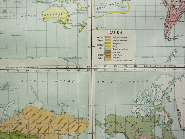 1919 Large Map ~ The World Showing Population Races Occupations & Religions