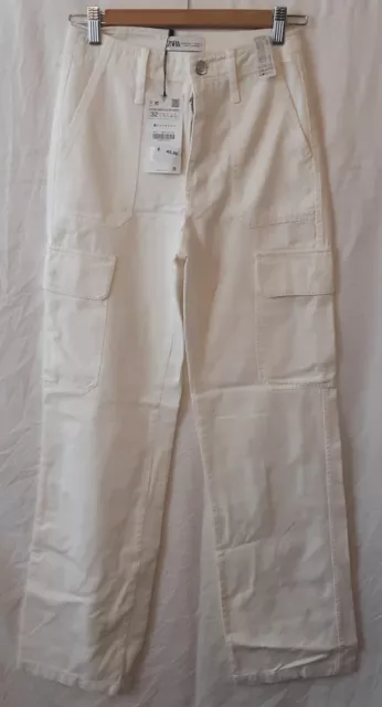 New Zara womens wide leg white pants carpenter Size 0 high waist straight leg