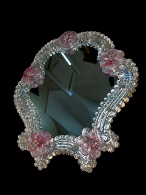 Espejo Veneciano Con Flores Rosa En Cristal de Murano De Mesilla de Noche