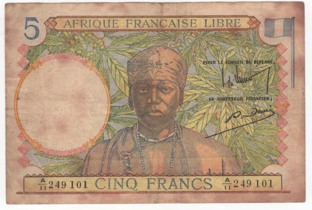 ND1943 French Equatorial Africa 5 Francs Banknote