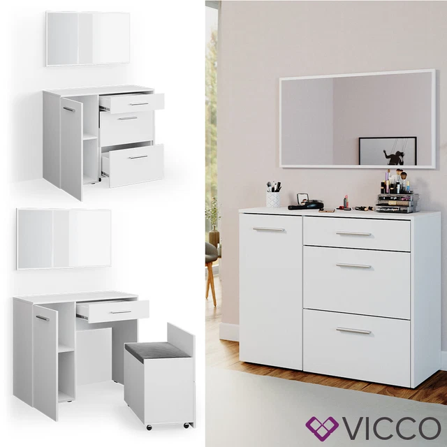 Vicco Coiffeuse Blanc 115cm avec miroir LED, Adela | Blanc | avec