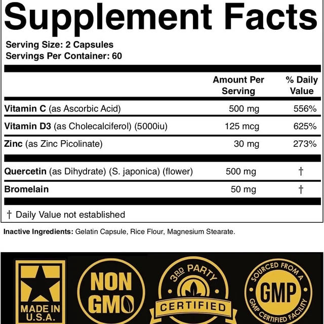 ZINC QUERCETIN BROMELAIN Vitamin C 120 Capsules Daily Nutrition ...