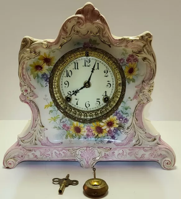 Antique Working ANSONIA "La Lorne" Royal Bonn Victorian Porcelain Mantel Clock