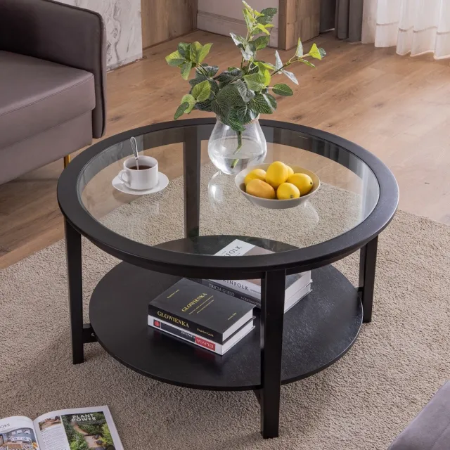 Round Glass Top Solid Wood Storage Coffee Table Black