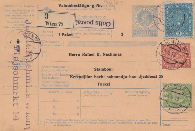 Österreich: 1918: Paketkarte Wien nach Instanbul, Ganzsache