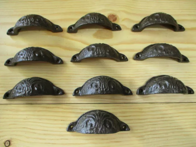 10 Cast Iron Brown 3 1/2" Cup Pulls Drawer Cabinet Bin Handles Rustic Vintage