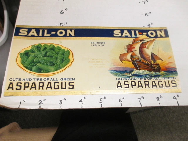 SAIL-ON asparagus 1930s sailing ship tin can food paper label General Grocer
