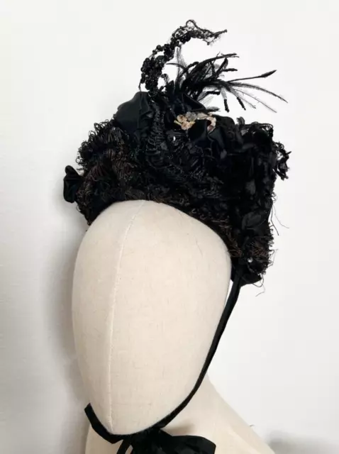 Victorian Late 1880s Woven Black Bonnet w/ Beaded Feathers Sequins Florals 3