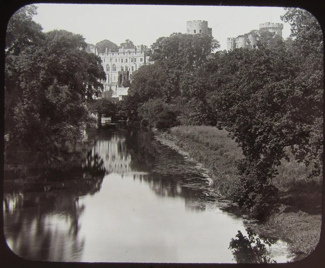 Glas magische Laterne Rutsche WARWICK CASTLE VON BRÜCKE C1890 ALTES VIKTORIANISCHES FOTO