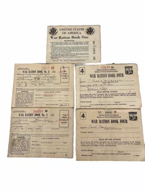 Lot Of 5 WWII War Ration Books 1, 3 & 4 Loaded With Stamps With Leather Holder