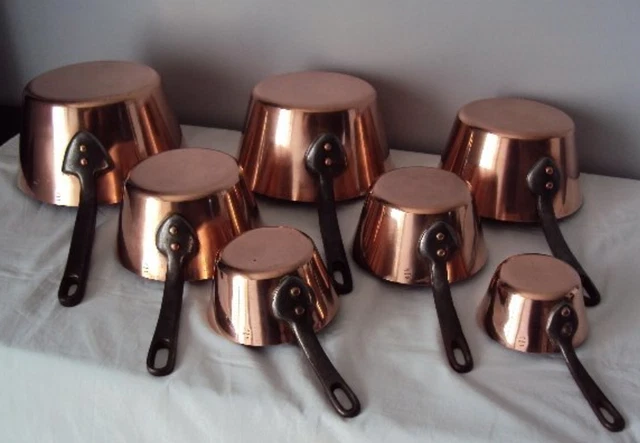 Une collection d'anciennes casseroles de cuivre sur un fond transparent