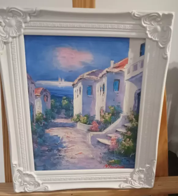 Oil painting on canvas panel mediterreanean landscape  framed signed Nicolach