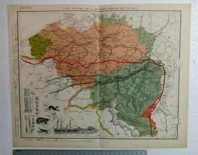 carte géographique ancienne couleur 1870 TH. Joly Carte Physique de la Belgique