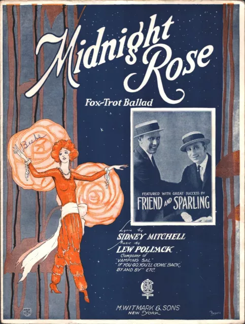 1923 MIDNIGHT ROSE vintage Jazz sheet music SHOWGIRL ART Lew Pollack FOX TROT