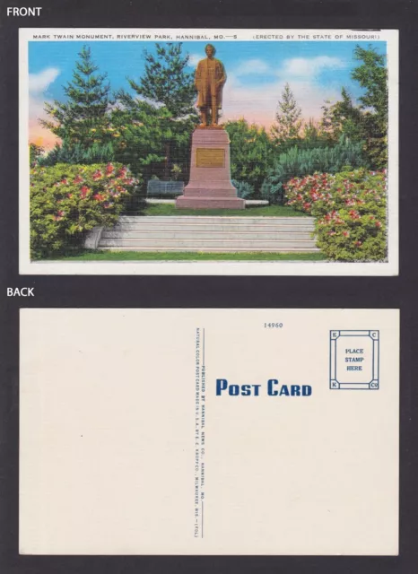 Postcard, United States, Hannibal MO, Mark Twain Monument, Riverview Park