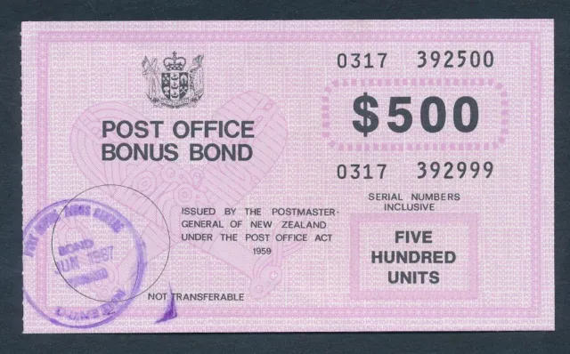 New Zealand: 1987 $500 "RARE P.O. BONUS BOND". Cashable @ $500