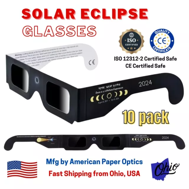 10 PACK 2024 Solar Eclipse Glasses ISO CE Certified Safe Ohio