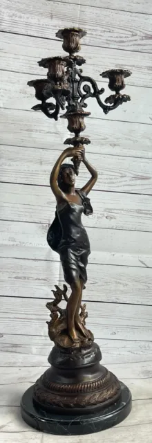 Auguste Moreau Sculpture Bougie Bâton Patiné Véritable Bronze Statue