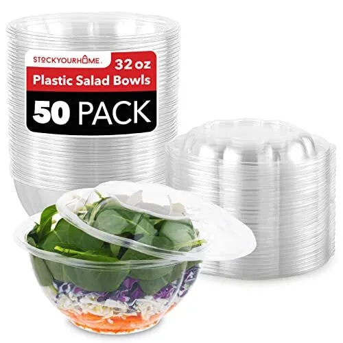 50 Pack 32oz Disposable Plastic Serving Rose Bowls with Lids Salad Containers