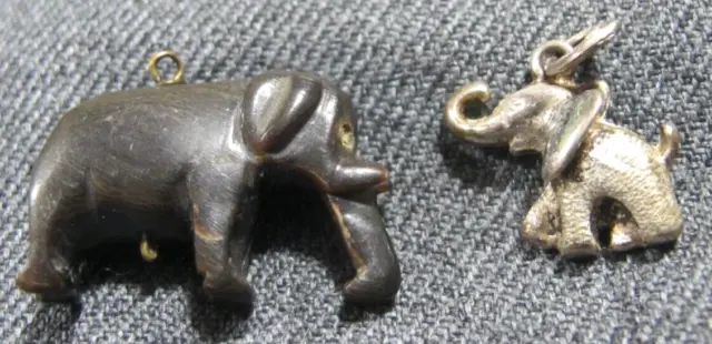 Vintage carved ebony wood + silvertone metal elephant pendants charms