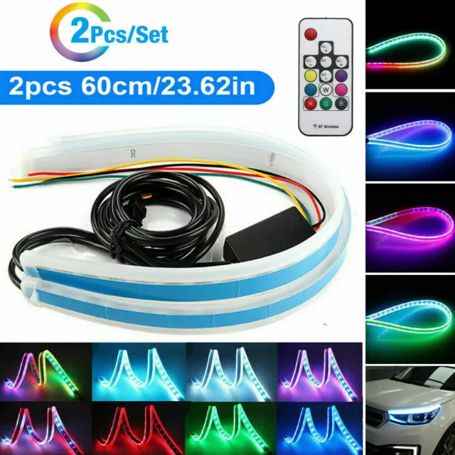 2x 60cm RGB Sequential Flexible LED DRL Turn Signal Strip Remote For Headlight