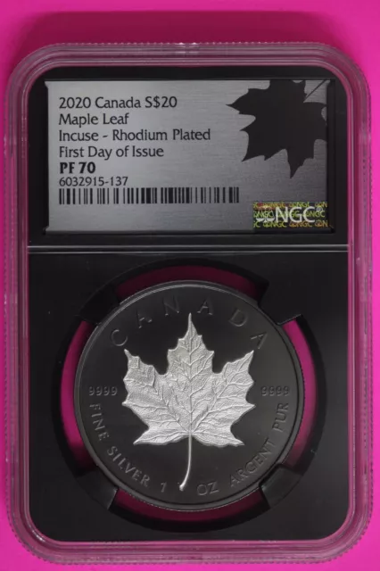 Top Pop Rhodium Plated Incuse 2020 PF 70 $20 Canada Maple Leaf NGC w/ COA 6103