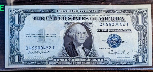 Series 1935 E One Dollar Bill Silver Certificate Blue Seal in good condition x 1