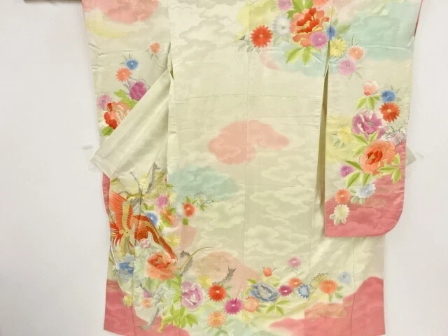81918# Japanese Kimono / Antique Furisode / Embroidery / Bird With Peony & K